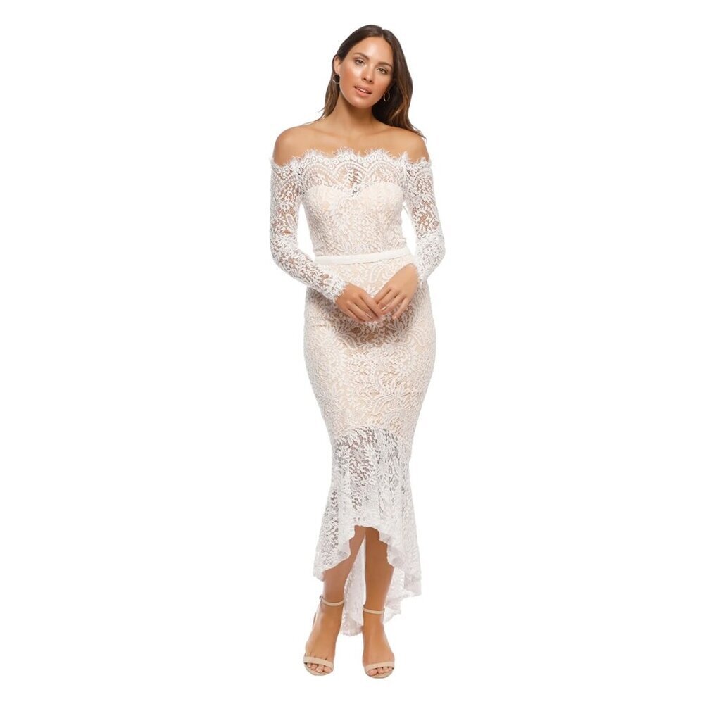 L’Atiste by Amy Off Shoulder Bodycon Laced Semi Sheer Gown White Women 2